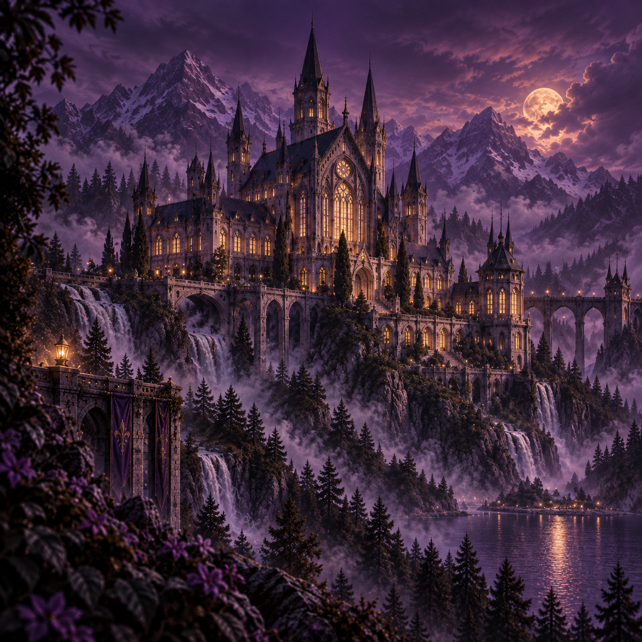Blackthorne Academy overlooking a misty mountain valley beneath a moonlit purple sky